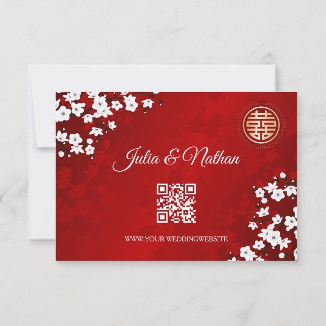 Invitación Código QR | Boda chino de Cherry Blossom Red RSVP (Reverso)