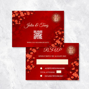 Invitación Código QR   Boda chino de Cherry Blossom Red RSVP