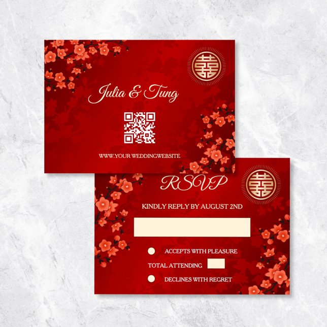 Invitación Código QR | Boda chino de Cherry Blossom Red RSVP (Subido por el creador)