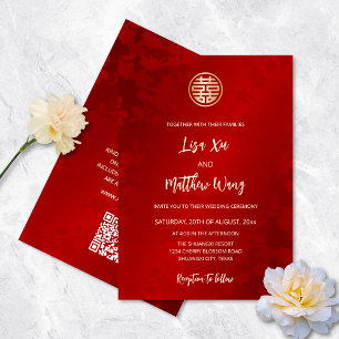 Invitación Código QR   Boda chino rojo moderno simple