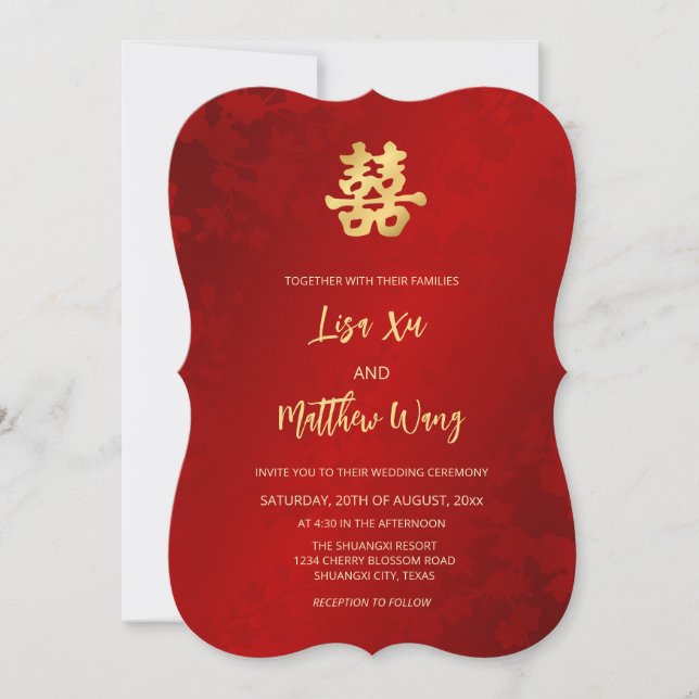 Invitación Código QR | Boda chino simple de oro rojo (Anverso)
