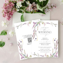 Invitación Código QR Boda de caligrafía de flores silvestres 