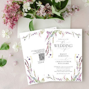 Invitación Código QR Boda de caligrafía de flores silvestres