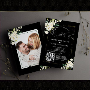 Invitación Código QR Boda de caligrafía de fotografía floral 