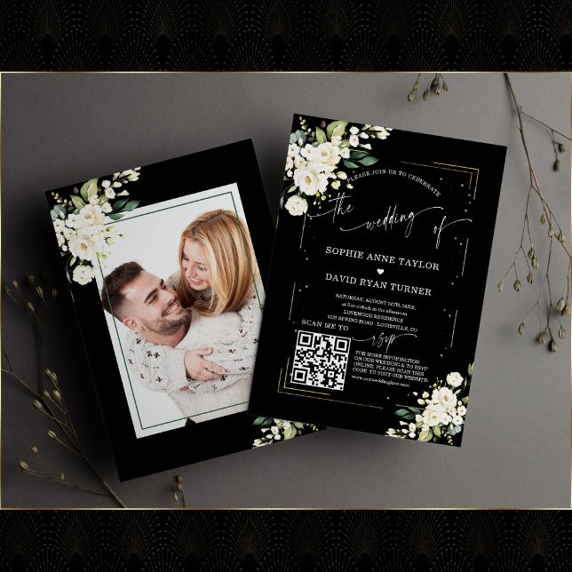 Invitación Código QR Boda de caligrafía de fotografía floral  (Subido por el creador)