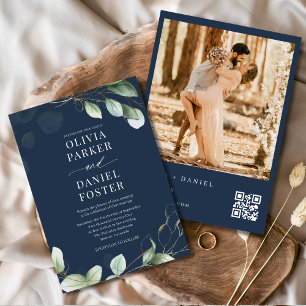 Invitación Código QR Boda de fotografía azul de la Marina de 
