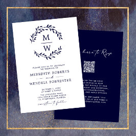Invitación Código QR Boda de guirnaldas de monograma azul de 