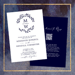 Invitación Código QR Boda de guirnaldas de monograma azul de
