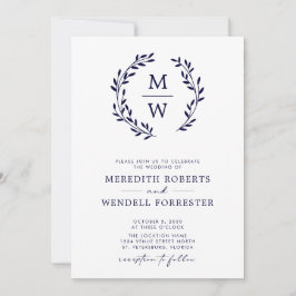 Invitación Código QR Boda de guirnaldas de monograma azul de 