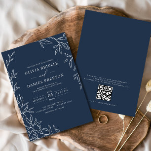 Invitación Código QR Boda de hoja mínima azul de la marina mo