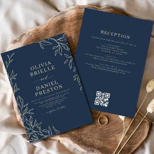 Invitación Código QR Boda de hoja mínima de oro azul de la ma