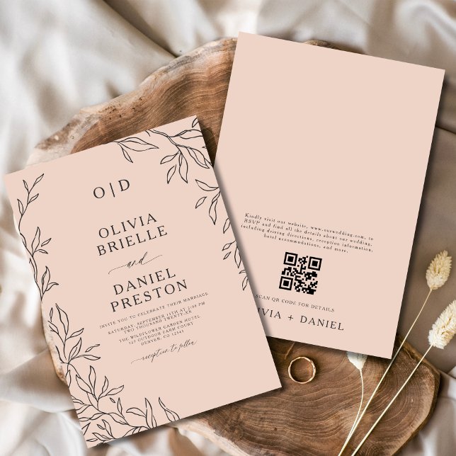 Invitación Código QR Boda de hoja mínima rosa Rubor (Subido por el creador)