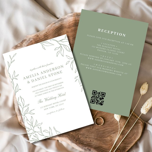 Invitación Código QR Boda de hoja mínima verde de sabio moder (Subido por el creador)