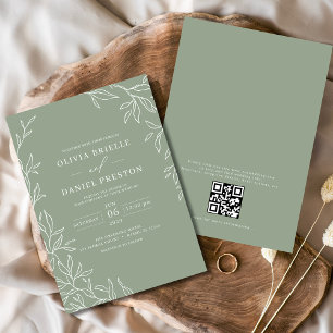 Invitación Código QR Boda de hoja mínima verde de sabio moder