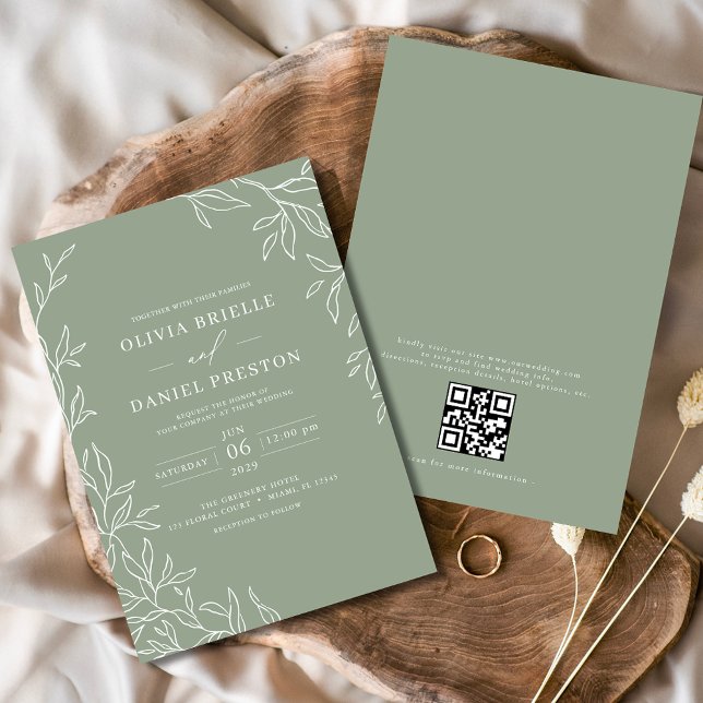 Invitación Código QR Boda de hoja mínima verde de sabio moder (Subido por el creador)