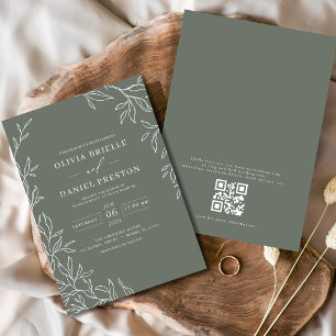 Invitación Código QR Boda de hoja mínima verde de sabio moder