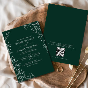Invitación Código QR Boda de hoja mínima verde esmeralda mode