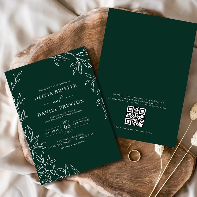 Invitación Código QR Boda de hoja mínima verde esmeralda mode (Subido por el creador)