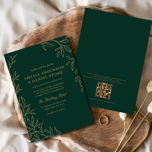 Invitación Código QR Boda de hoja mínima verde esmeralda mode