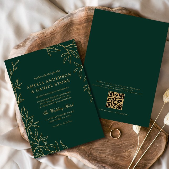 Invitación Código QR Boda de hoja mínima verde esmeralda mode (Subido por el creador)