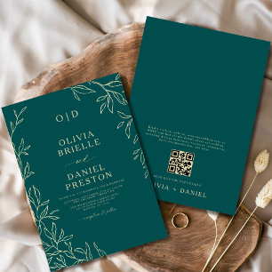 Invitación Código QR Boda de hoja mínima verde y oro Verde az