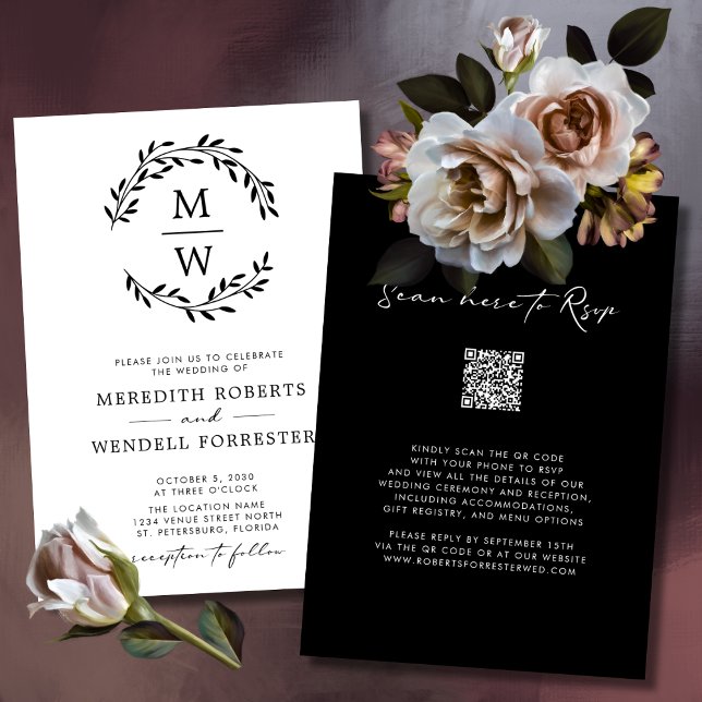Invitación Código QR Boda de la guirnalda de monograma blanco (QR Code Black and White Monogram Wreath Wedding Invitation)
