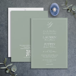 Invitación Código QR Boda de monograma clásico Sage Green Scr