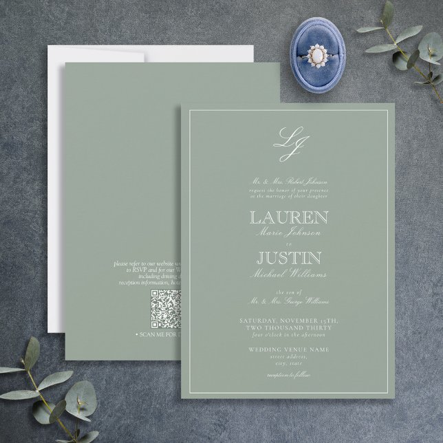 Invitación Código QR Boda de monograma clásico Sage Green Scr (Subido por el creador)