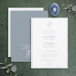 Invitación Código QR Boda de monograma con guión azul turbio
