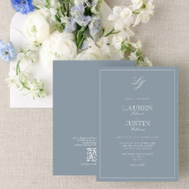Invitación Código QR Boda de monograma con guión azul turbio