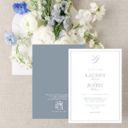 Invitación Código QR Boda de monograma con guión azul turbio