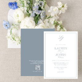 Invitación Código QR Boda de monograma con guión azul turbio