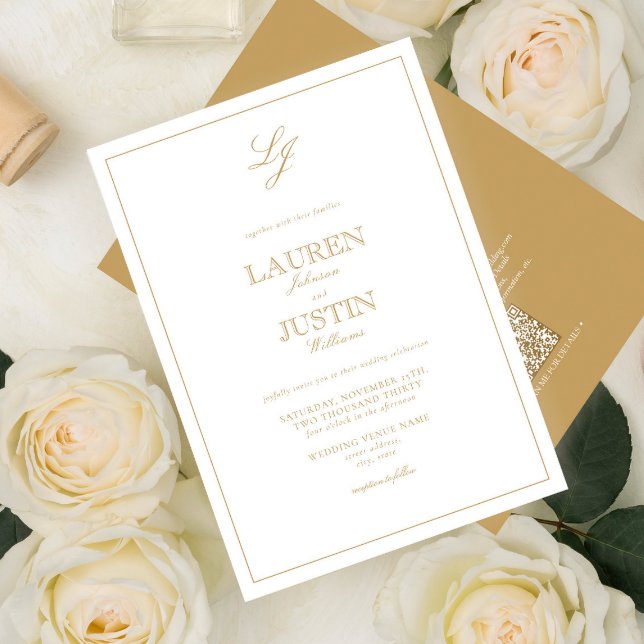 Invitación Código QR Boda de Monograma con guión dorado clási (Subido por el creador)