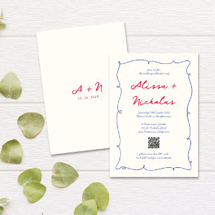 Invitación Código QR Boda de monograma de color ondulado capr