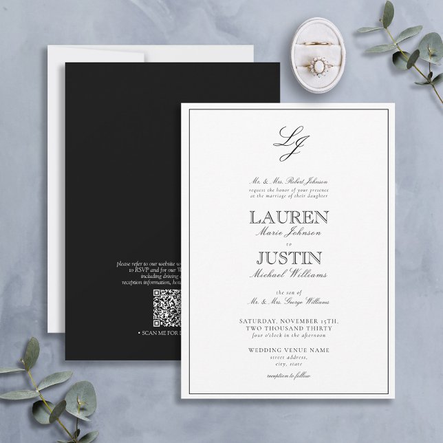 Invitación Código QR Boda de monograma de guión clásico (Subido por el creador)