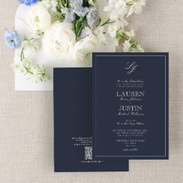 Invitación Código QR Boda de Monograma de la Marina Azul clás