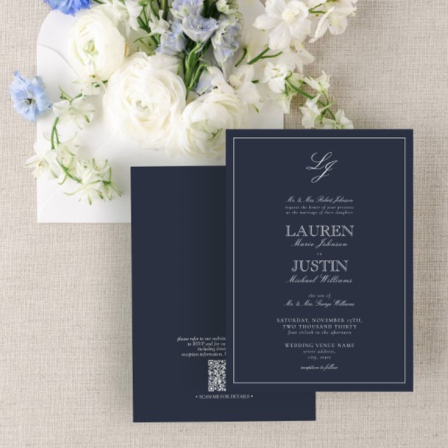 Invitación Código QR Boda de Monograma de la Marina Azul clás (Subido por el creador)