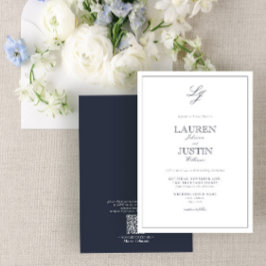 Invitación Código QR Boda de Monograma de la Marina Azul clás