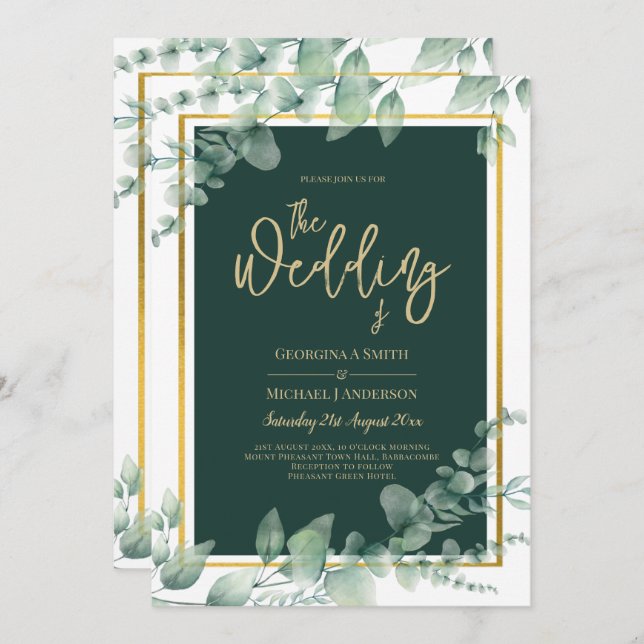 Invitación CÓDIGO QR BODA de oro de LeahG Eucalyptus Greenery (Anverso / Reverso)