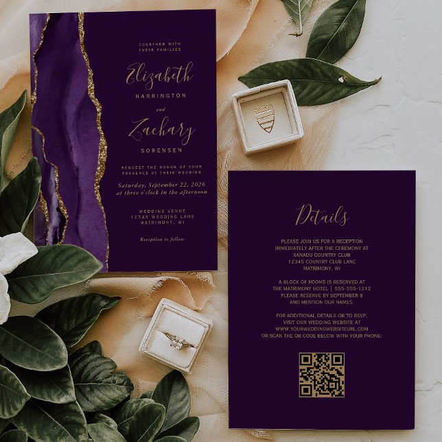 Invitación Código QR Boda de Pluma de Oro Púrpura (Subido por el creador)