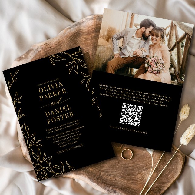 Invitación Código QR - Boda elegante con foto de oro negro (Subido por el creador)