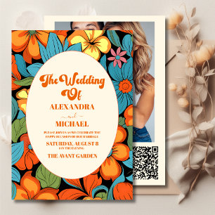 Invitación Código QR Boda Floral Bohemio de los Setenta Retro