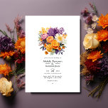 Invitación Código QR Boda floral morado, Naranja y amarillo<br><div class="desc">Invitación a la boda con flores moradas,  naranjas y amarillas. Ideal para cualquier tema o boda en el jardín. El código QR al revés se dirige al sitio de su boda donde la gente puede aprender más y rsvp</div>