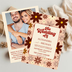 Invitación Código QR Boda Floral Retro Groovy Moderno Años 70