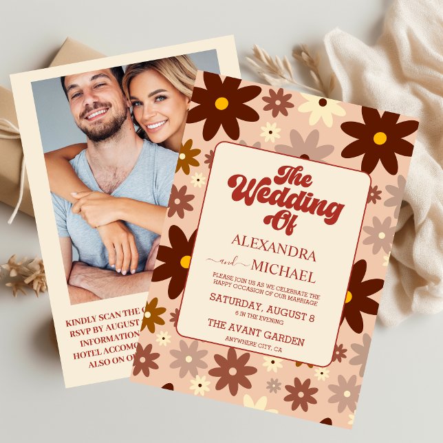Invitación Código QR Boda Floral Retro Groovy Moderno Años 70 (Subido por el creador)