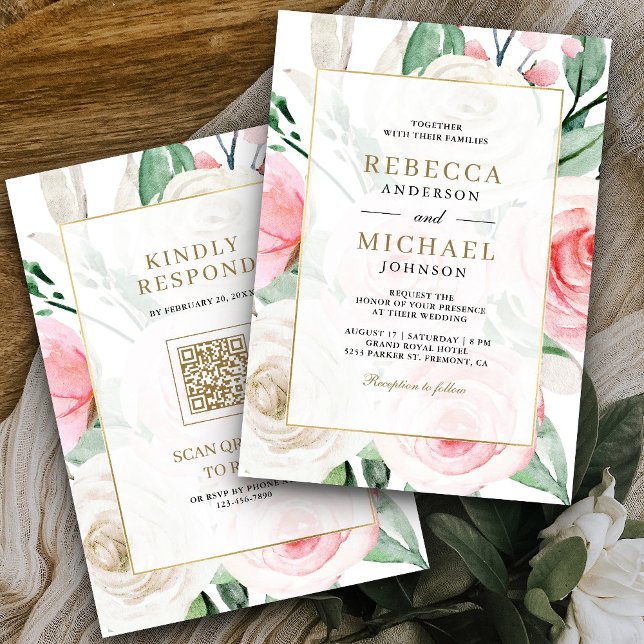Invitación Código QR Boda Floral Rosa Marfil Dorado Marco (Subido por el creador)