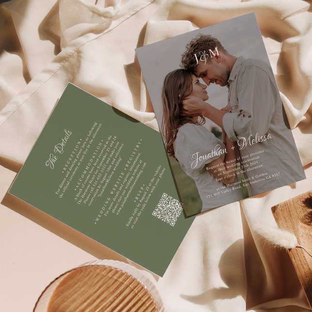 Invitación Código QR Boda fotográfico de sabio profundo verde (Subido por el creador)