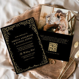 Invitación Código QR Boda Minimalista de foto de oro negro