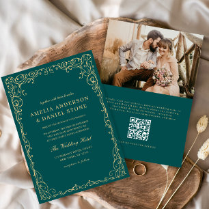 Invitación Código QR Boda Minimalista de foto verde Verde azu