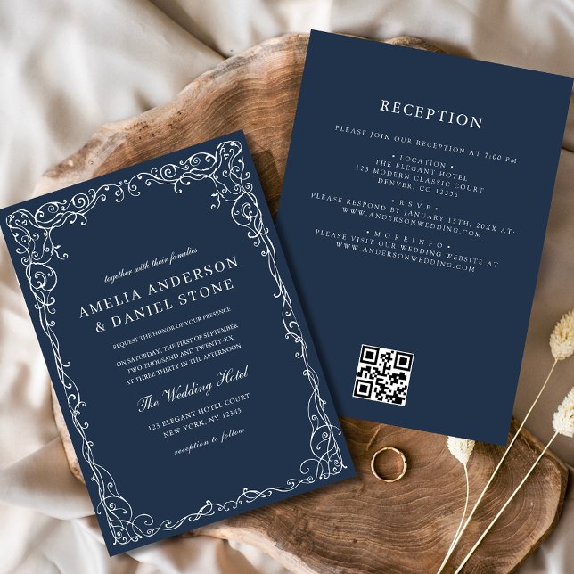 Invitación Código QR Boda mínimo azul de la Marina moderna (Subido por el creador)